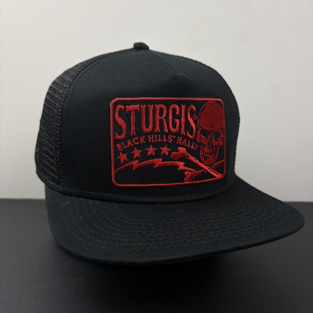 Sturgis Black Hills Rally Biker Skull Crossbones Patch Black Mesh Trucker Snapba
